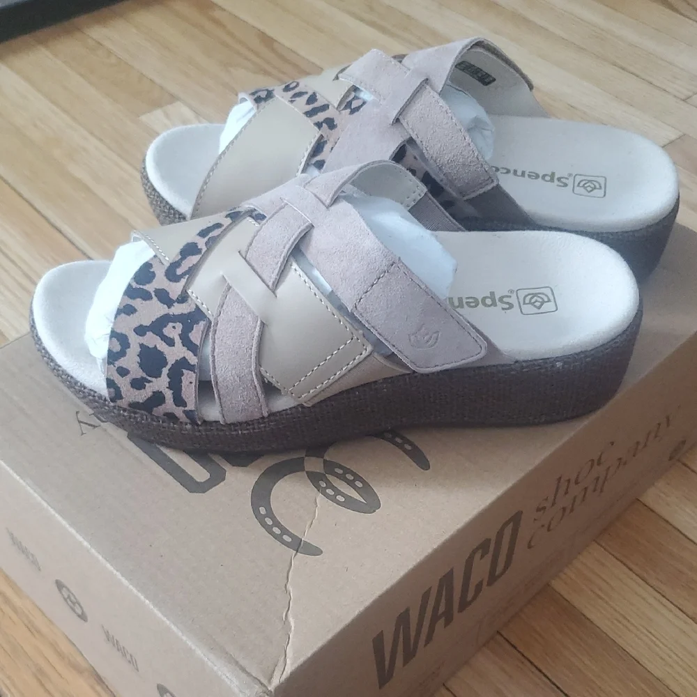 Women's Leopard and Tan Wedge Sandals - Picture 3 of 10